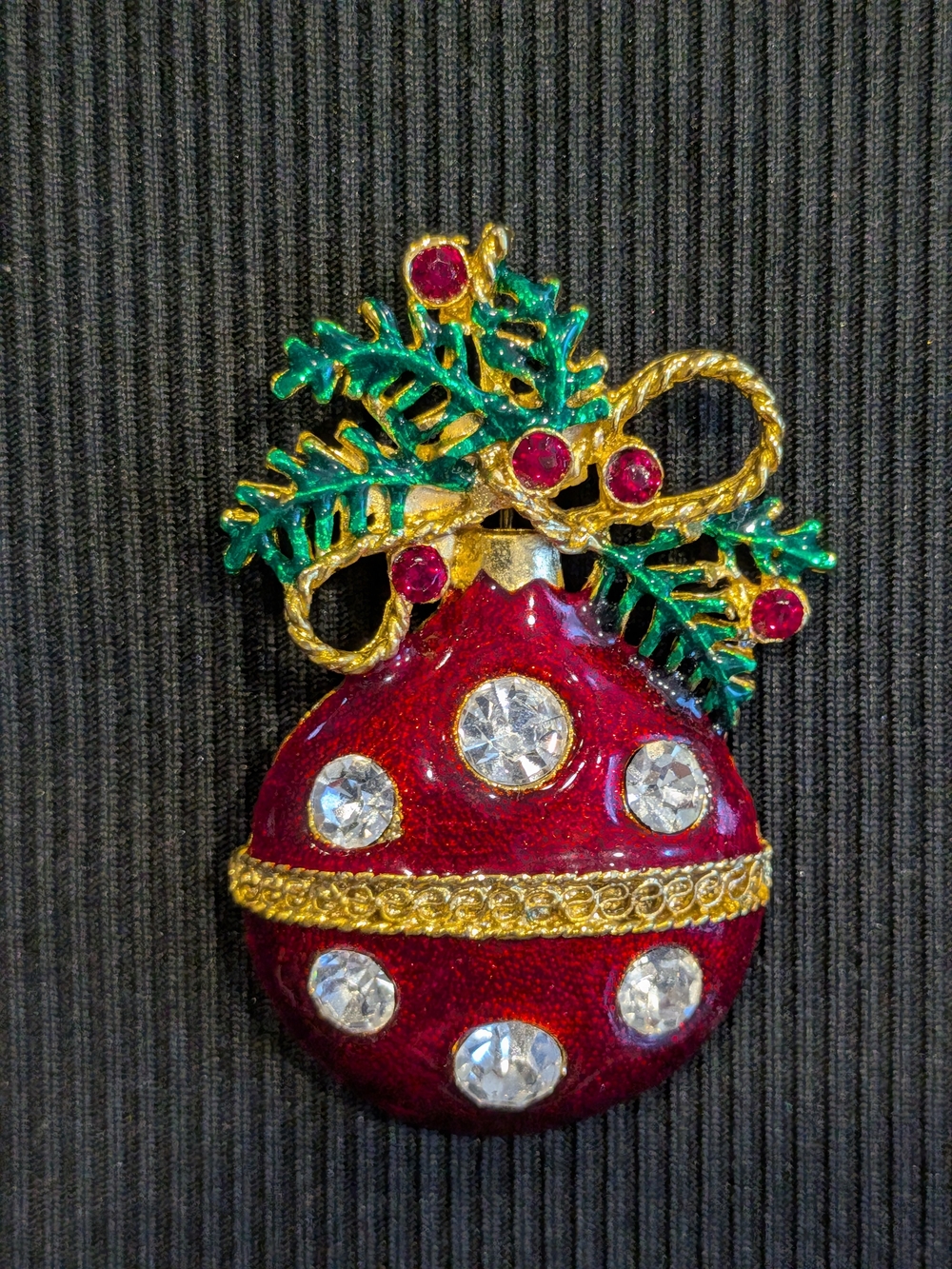 #1: Holiday Red and Gold Ornament Brooch with Green Accents Vintage 2007s